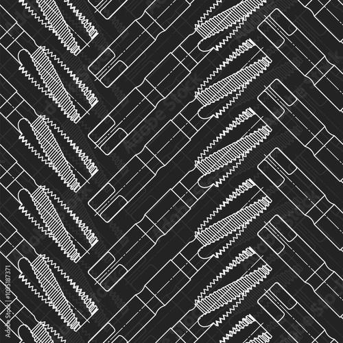 Mechanical engineering drawings on black background. Tap tools, borer. Technical Design. Cover. Blueprint. Seamless pattern. Vector illustration.