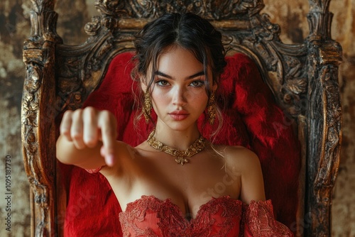 Queen pointing finger while sitting on ornate throne wearing gold jewelry and red dress photo