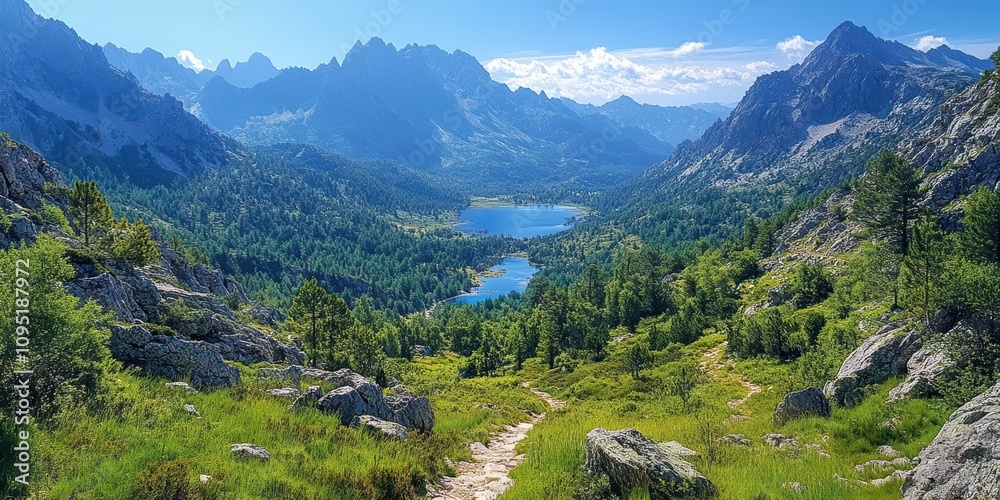 Breathtaking panoramic view of serene mountain landscape with lush greenery and tranquil lakes nestled between majestic peaks under a clear blue sky Breathtaking panoramic view of serene mountain landscape with lush greenery and tranquil lakes nestled between majestic peaks under a clear blue sky