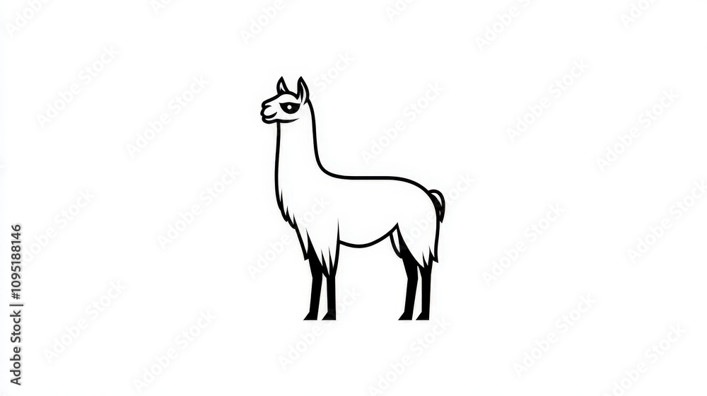 Fototapeta premium Charming and Playful Cartoon Illustration of a Cute Llama with Whimsical Features, Perfect for Children's Books and Fun Designs, in Bold Black Outline on a White Background