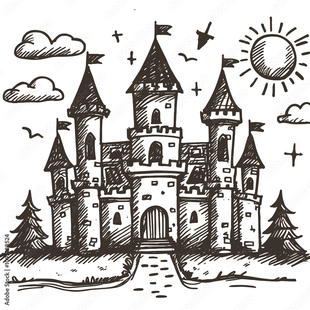 A hand drawn sketch of a castle on a white background. A whimsical illustration with towers, flags and fairy tale design, perfect for imagination play, fantasy theme and playful children's dreams. A hand drawn sketch of a castle on a white background. A whimsical illustration with towers, flags and fairy tale design, perfect for imagination play, fantasy theme and playful children's dreams.