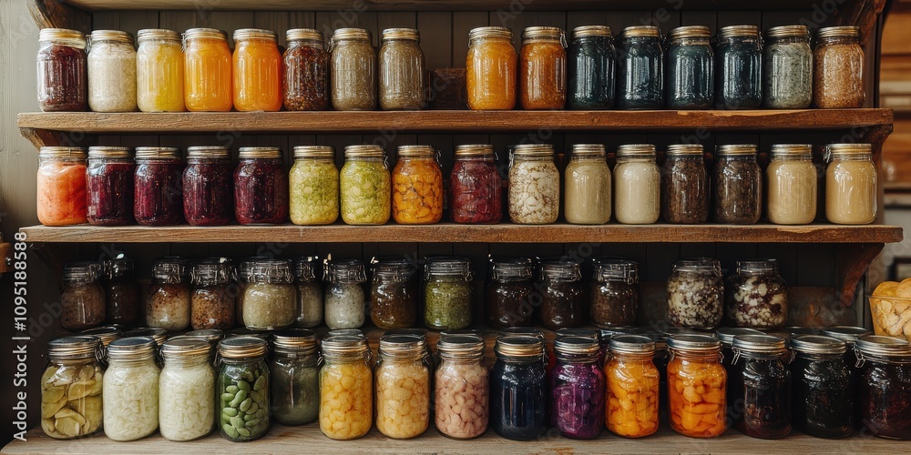 A vibrant and diverse collection of various preserved foods in glass jars, neatly arranged on wooden shelves, in a rustic setting, showcasing an array of colors and textures with a homely touch A vibrant and diverse collection of various preserved foods in glass jars, neatly arranged on wooden shelves, in a rustic setting, showcasing an array of colors and textures with a homely touch