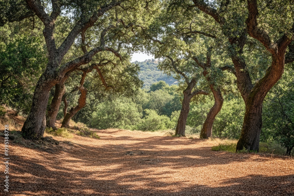 Naklejka premium Hiking trail passing through lush forest with majestic trees creating a natural archway