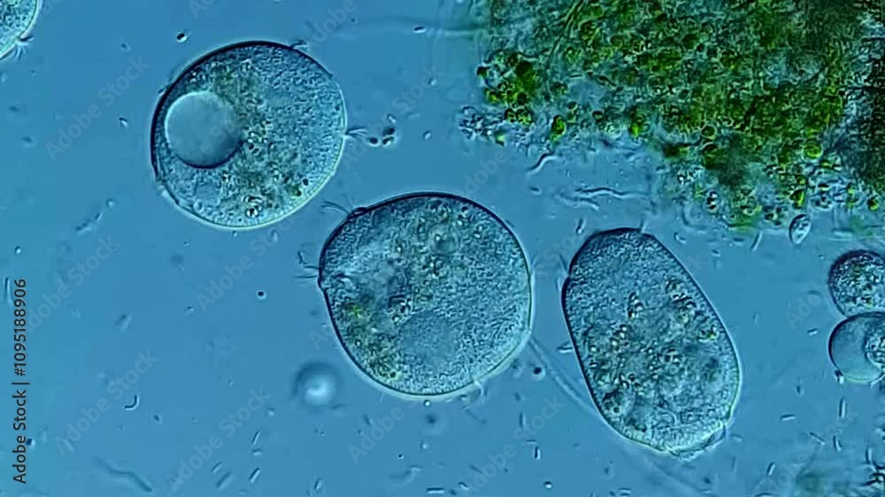 Movement of protozoa in pond water under DIC microscope 