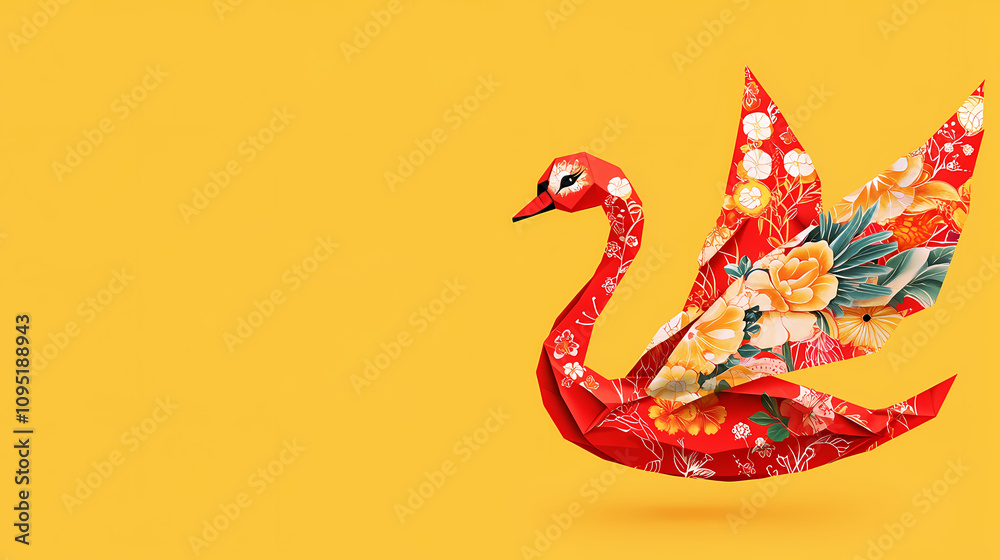 Obraz premium A red origami swan with floral design on yellow background. Colorful Origami Swans. Illustration