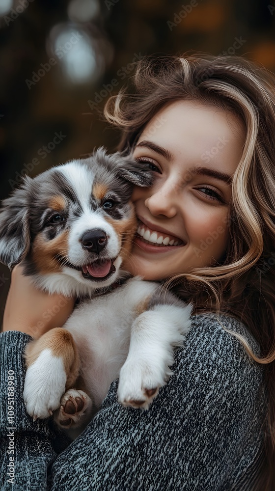 A young woman smiles as she holds her adorable puppy in the park A young woman smiles as she holds her adorable puppy in the park
