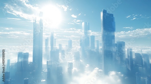 Futuristic city skyline above clouds, sun shining.