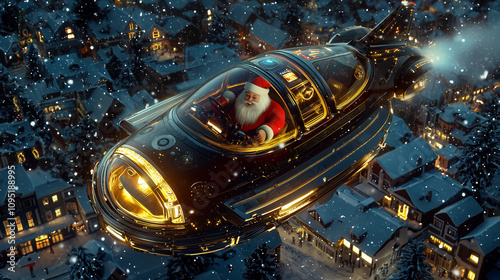Santa Claus piloting a retro flying car above a snowy town, surrounded by twinkling holiday lights and glowing stars.