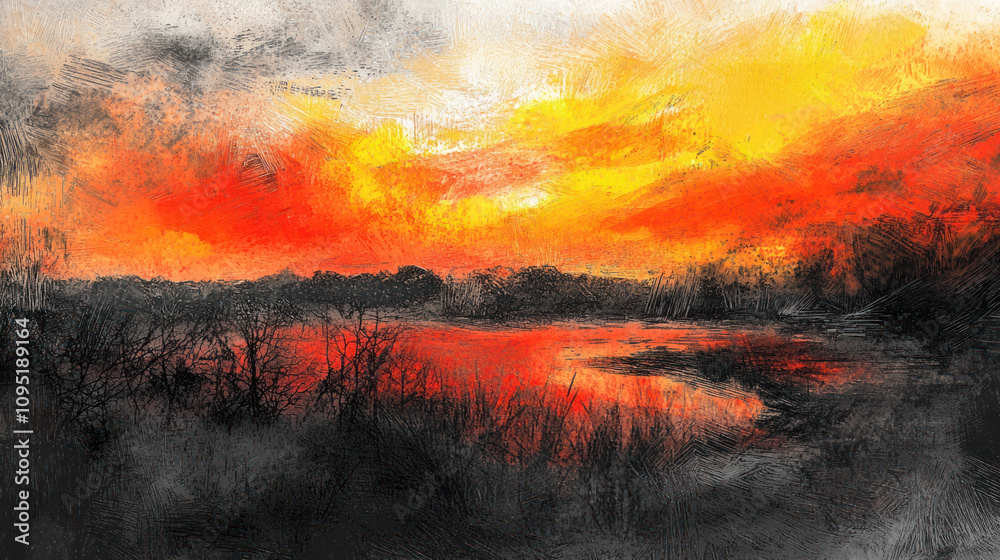 Naklejka premium Ethereal Abstract Landscape in Fiery Red, Orange, and Yellow Tones Captured in High Resolution Charcoal Sketch Style for Artistic Inspiration