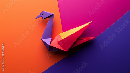 A colorful origami swan crafted from paper sits on a vibrant red, purple, and orange background. Colorful Origami Swans. Illustration photo