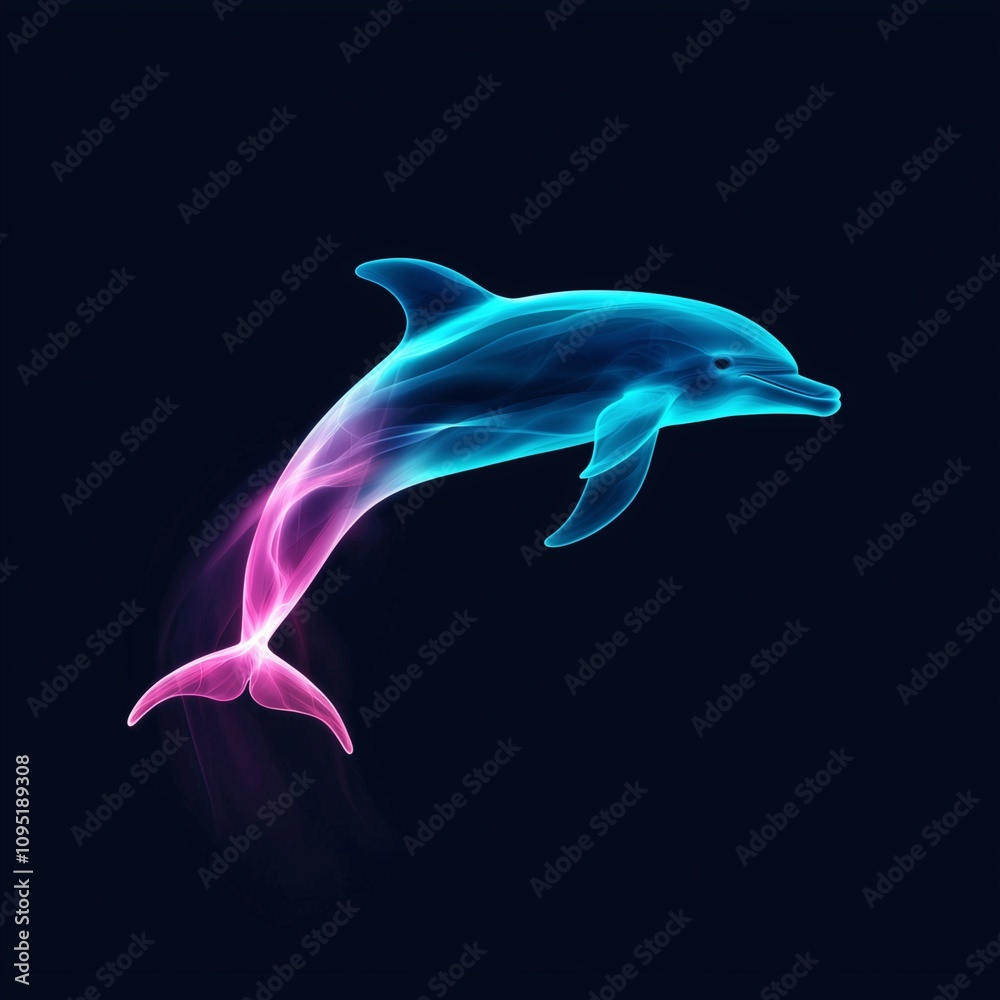 Fototapeta premium Neon glow dolphin leaping, turquoise and cyan mix