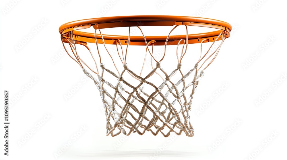 A basketball hoop with a net swaying slightly isolate white background