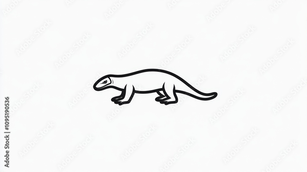 Fototapeta premium Simple Black and White Illustration of a Stylized Reptilian Creature Crawling on a Light Background, Ideal for Educational and Artistic Use, Featuring Clean Lines and Minimalist Design