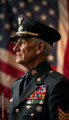 Elderly military officer in uniform against American flag background