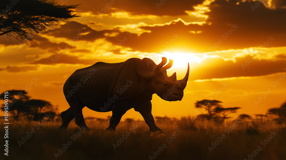 Fototapeta premium Rhinoceros Silhouette Walking at Sunset in African Grassland.