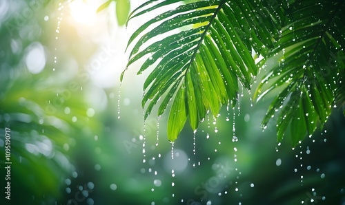 Tropical Rainfall View, Show the perspective of looking through palm leaves during a light tropical rain