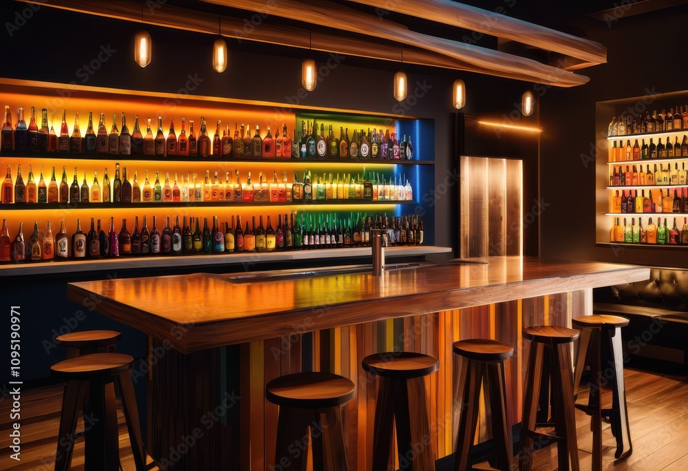 colorful craft beer bottles showcase modern sleek bar counter surrounded atmospheric lighting chic decor, artisanal, artisan, beverage, brew, chilled