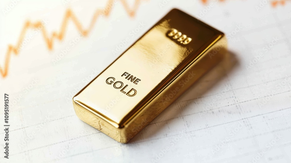 Gold Bullion Bar with Fine Gold Inscription on a Background Featuring Financial Data Gold Bullion Bar with Fine Gold Inscription on a Background Featuring Financial Data