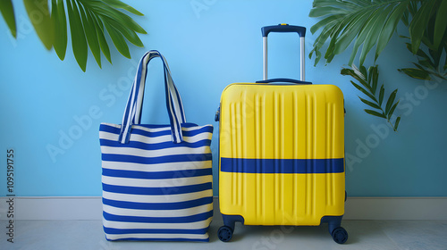 Stylish striped tote bag and bright yellow suitcase ready for a summer getaway, tropical leaves in the background.