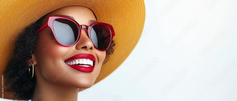A fashionable woman wearing a widebrimmed hat and sunglasses, smiling brightly isolate white background A fashionable woman wearing a widebrimmed hat and sunglasses, smiling brightly isolate white background