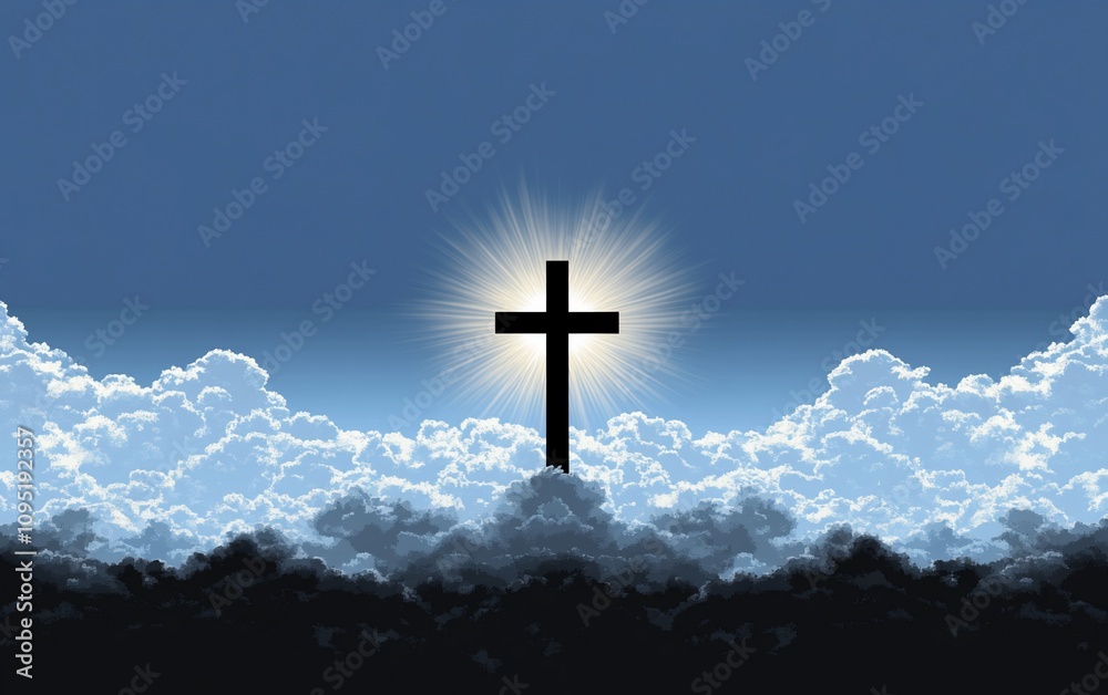 A silhouetted cross against a backdrop of clouds and light. A silhouetted cross against a backdrop of clouds and light.