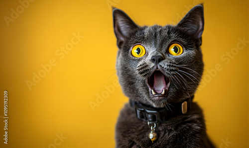 A surprised grey cat with wide yellow eyes and open mouth against a vibrant yellow background.  Perfect for pet, animal, or meme related projects. photo