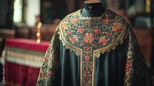 Intricately designed traditional religious vestment with detailed floral embroidery placed in a softly lit sacred setting within a spiritual space