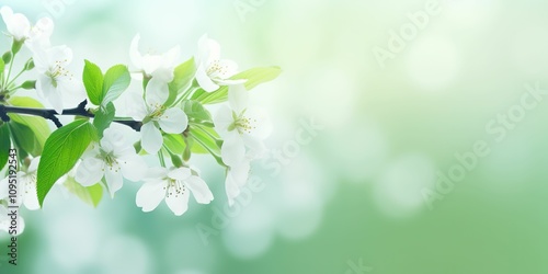 A white flower with green leaves is on a branch