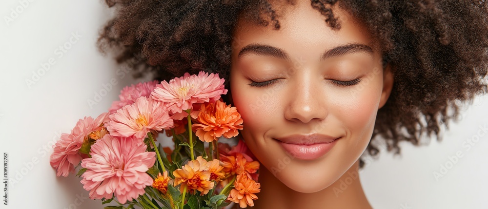 Naklejka premium A radiant woman holding a bouquet of flowers, her expression gentle and joyful isolate white background