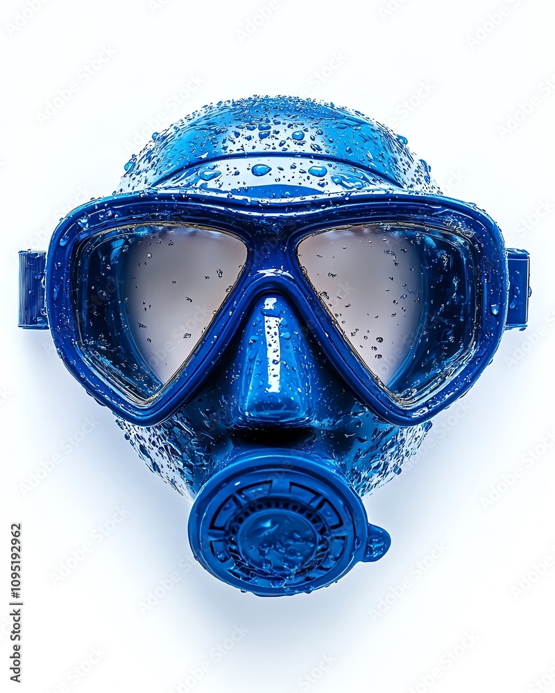 A scuba diving mask and snorkel, with droplets of water glistening isolate white background A scuba diving mask and snorkel, with droplets of water glistening isolate white background