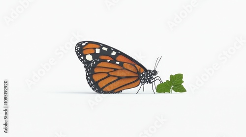 A Monarch Butterfly with Vibrant Orange and Black Wings Perched on a Green Leaf in a Clean and Minimalist White Background Setting for Nature Lovers