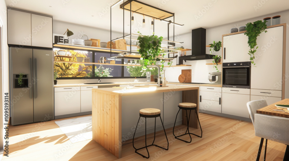 Creating a modern kitchen oasis light grey cabinets hanging plants and clean geometric lines in a serene home environment Creating a modern kitchen oasis light grey cabinets hanging plants and clean geometric lines in a serene home environment