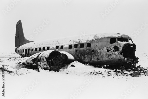 Airplane Crash. Abandoned Aeroplane Wreck in Iceland Contrasts with 1973 Vibe