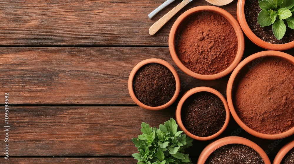 Tranquil Gardening Soil Seeds Tools on Rustic Wood Tranquil Gardening Soil Seeds Tools on Rustic Wood