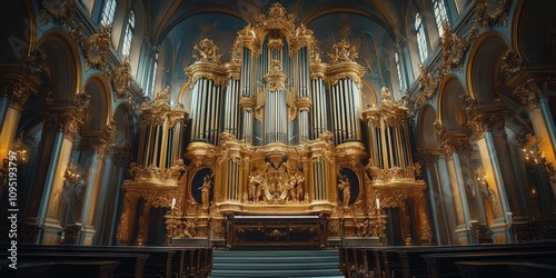 Majestic golden interior of a grand cathedral featuring elaborate architectural details and a stunningly ornate pipe organ photo