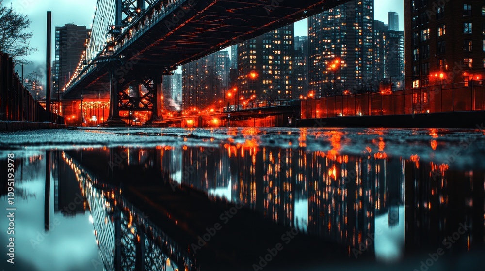 Obraz premium Illustration of a city bridge with its metal structure reflected in puddles after rain. City lights illuminate the bridge and puddles. Ai generated image