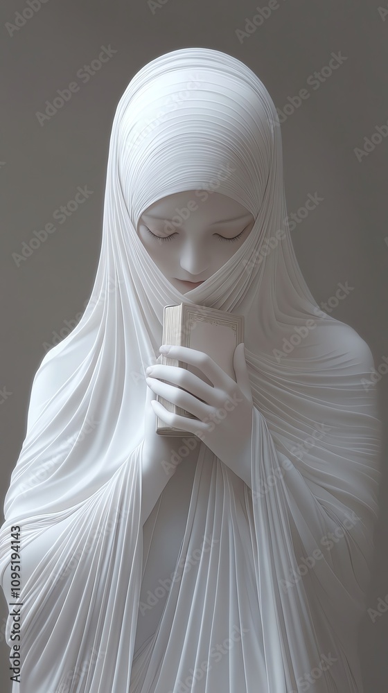 A woman in a body-hugging nun costume, holding a small Bible close to her chest with a solemn expression on a dark background A woman in a body-hugging nun costume, holding a small Bible close to her chest with a solemn expression on a dark background