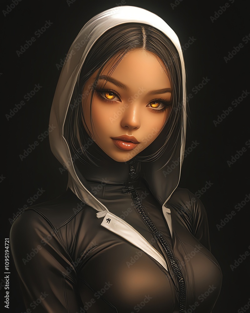 A woman in a sleek, black nun inspired bodysuit with a traditional white collar, standing confidently against a black background