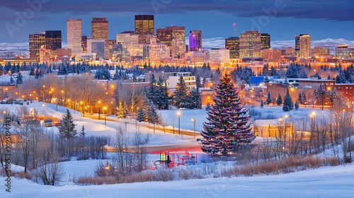 Illuminated Denver Skyline with a Decorated Christmas Tree in the Foreground