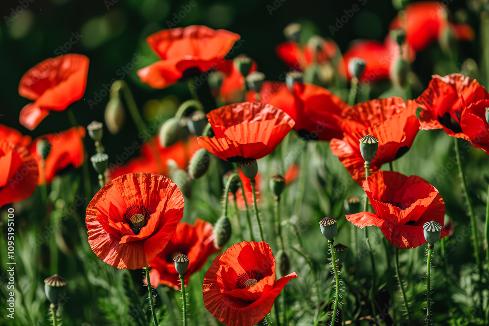 Naklejka premium Field of red poppies with green grass in the background. The flowers are in full bloom and are very bright and colorful