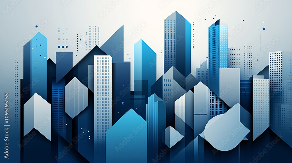 Fototapeta premium wide city facade with blue color different geometric shape buildings in white background and open sky 