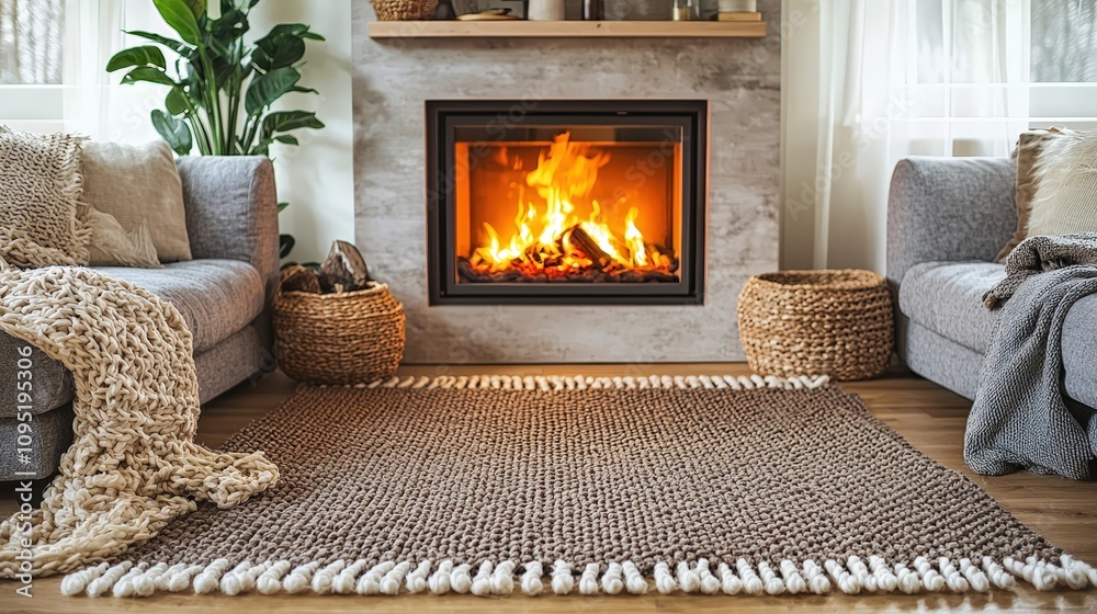 Cozy Scandinavian Living Room with Fireplace Knitted Rug
