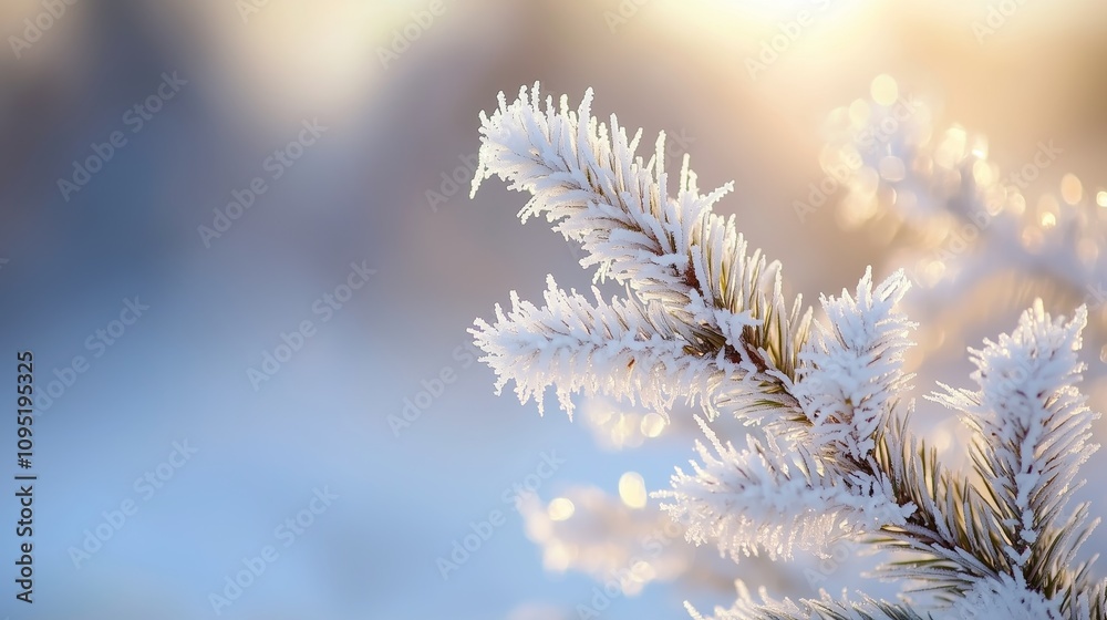 Close-Up of Frost Crystals on Pine Needle Shimmering in Morning Light with Snowy Background Close-Up of Frost Crystals on Pine Needle Shimmering in Morning Light with Snowy Background