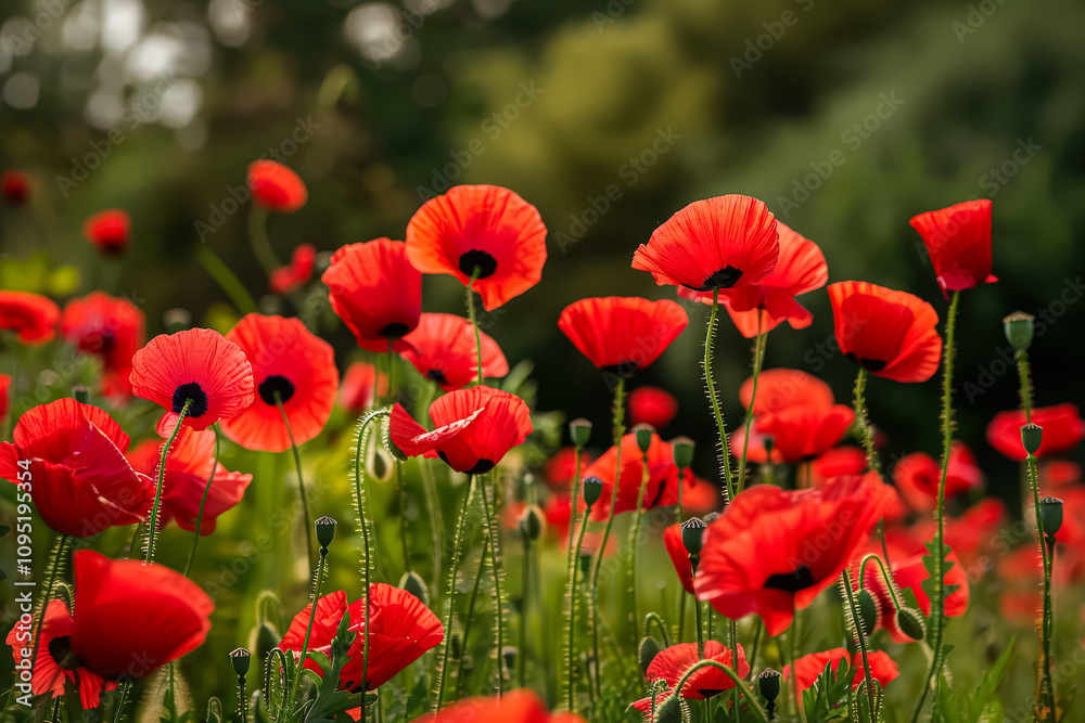 Fototapeta premium Field of red poppies with green grass in the background. The flowers are in full bloom and are very bright and colorful