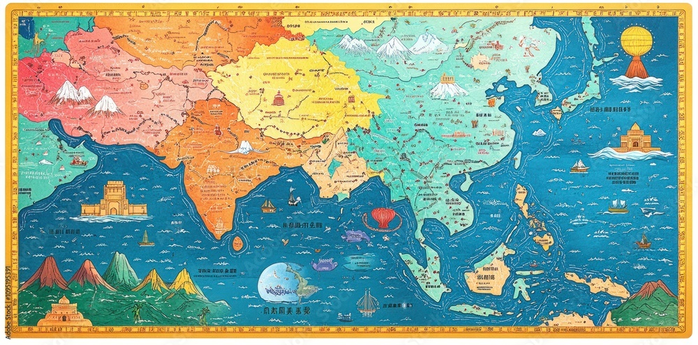Artistic Map Depicting Asia and Surrounding Waters Artistic Map Depicting Asia and Surrounding Waters