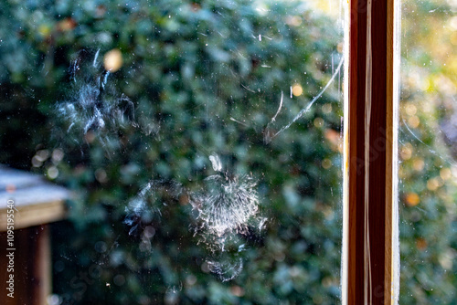 A bird hits a window image with the outline of the bird visible on the glass. Bird strike injury image. Injured birds and garden hazards.