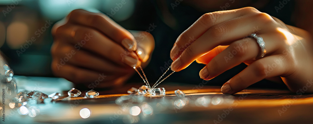 A close-up of hands delicately arranging sparkling gems on a surface, showcasing precision and craftsmanship in jewelry-making. A close-up of hands delicately arranging sparkling gems on a surface, showcasing precision and craftsmanship in jewelry-making.