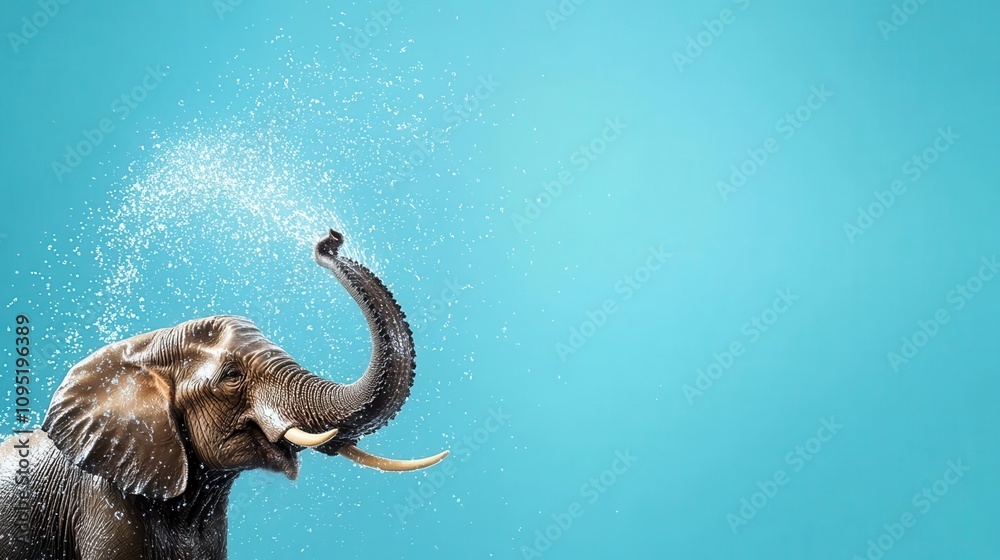 Obraz premium Elephant spraying water with blank area for refreshing caption, funny pet template, splashy humor