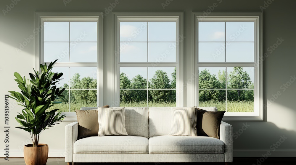 Modern Minimalist Living Room Interior Design with Natural Light Greenery