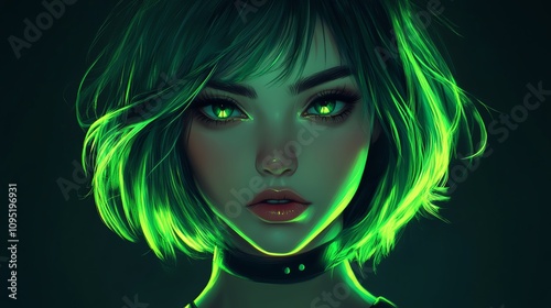 Animestyle portrait of a girl with green bob haircut, intense gaze, dark background, neon light highlights, bold and expressive features